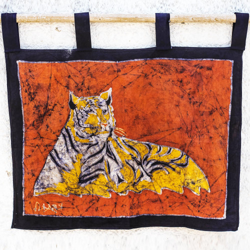 Tiger-Themed Batik Cotton Wall Hanging from Ghana 'Resting Tiger'