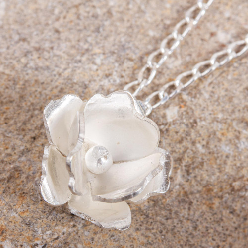 Handcrafted Sterling Silver Floral Necklace from Mexico 'Gardenia Blossom'