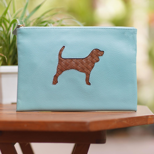 Handmade Dog-Themed Leather Clutch 'Dog's Life in Blue'