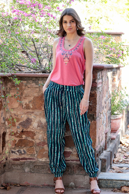 Striped Tie-Dye Viscose Pants from India 'Breezy Stripes'