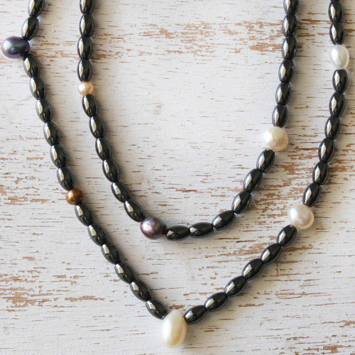 Artisan Crafted Hematite and Cultured Pearl Necklace 'Grace Note'