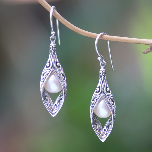 Cultured Pearl and Sterling Silver Dangle Earrings 'White Rose Bud'