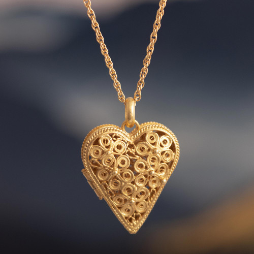 Handcrafted Heart Locket Necklace in 21k Gold Plate 'Closer to the Heart'