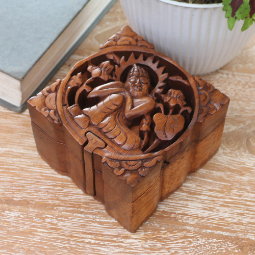 Buddha-Themed Suar Wood Puzzle Box 'Restful Buddha'