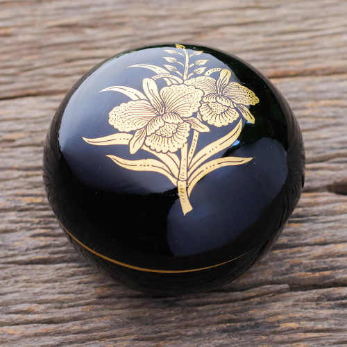 Gold-Accented Thai Lacquerware Box 'Shimmering Orchid'