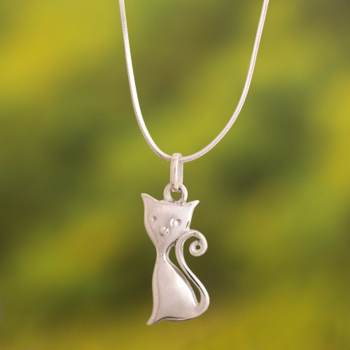 Sterling Silver Snake Chained Cat Pendant Necklace 'Vain Kitty'