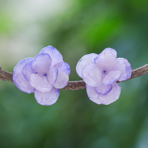 Thai Resin Coated Purple Hydrangea Bloom Post Earrings 'Purple Hydrangea'