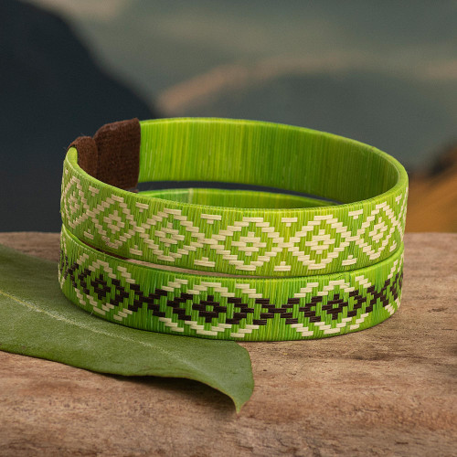 Green Cuff Bracelets Woven with Colombian Cane Fiber Pair 'Green Colombian Geometry'