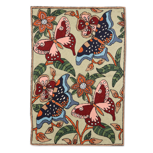 Multicolor Wool Chain Stitch Rug with Butterfly Theme 2x3 'Dancing Butterflies'