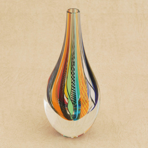 Murano-Style Colorful Art Glass Vase 9 Inch 'Color Cascade'