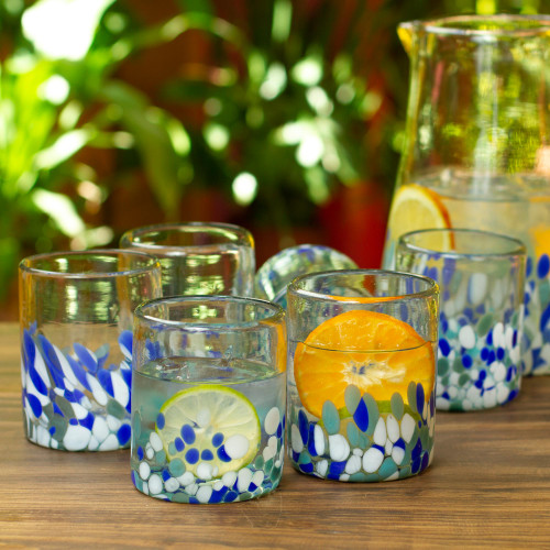 Blue Green and White Spotted Rocks Glasses Set of 6 'Blue Cool'