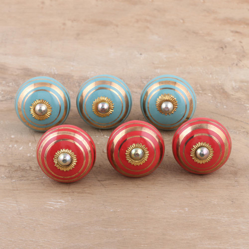 Hand-Painted Ceramic Knobs from India Set of 6 'Hot and Cold'