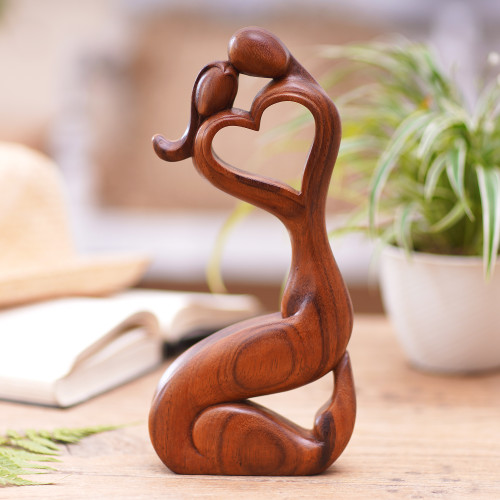 Romantic Suar Wood Statuette from Bali 'Hold Me'