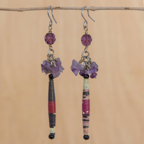 Recycled Paper and Amethyst Dangle Earrings 'Araras Hope'