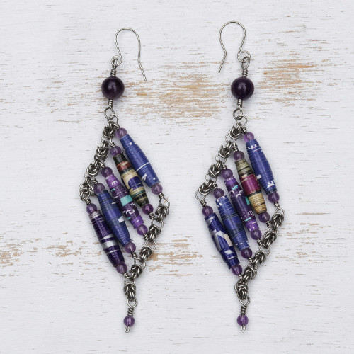 Handcrafted Amethyst and Recycled Paper Earrings 'Purple Diamond'