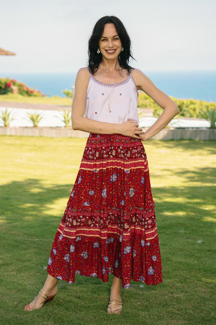 Floral Rayon Skirt in Poppy Crafted in Thailand 'Poppy Garden'