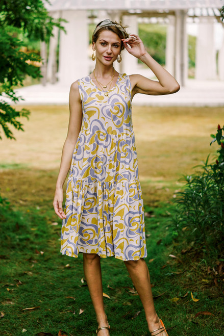 Screen Printed Rayon Sundress from Bali 'Spring Leaves'