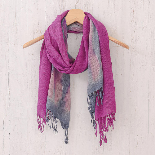 Hand-Woven Batik Silk Scarves in Purple and Grey Pair 'Stormy Sky'