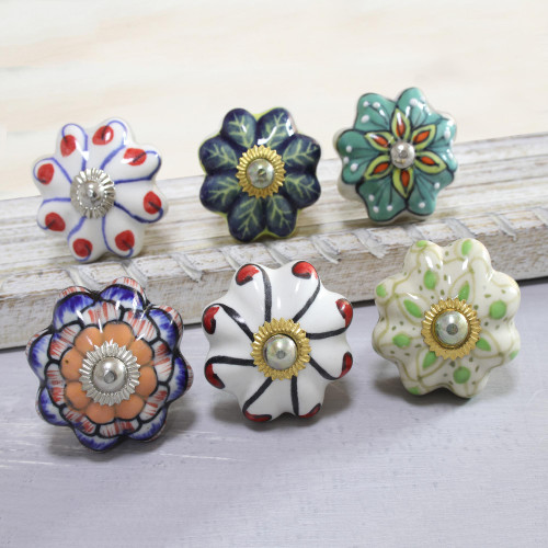 Floral Ceramic Knobs Crafted in India Set of 6 'Floral Homestead'