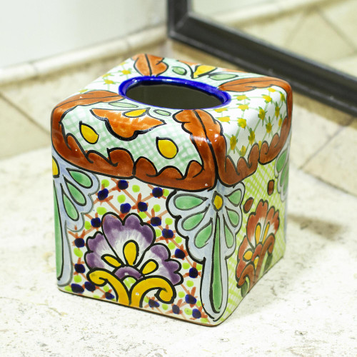 Talavera-Style Tissue Box Cover 'Hidalgo Bouquet'