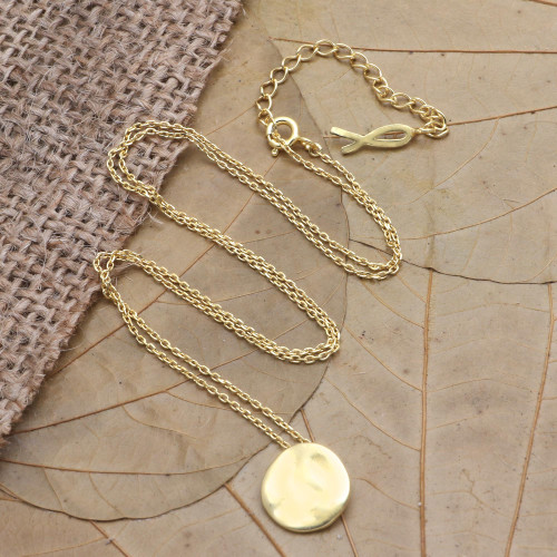 Gold-Plated Sterling Silver Round Pendant Necklace 'Meditation Coin'