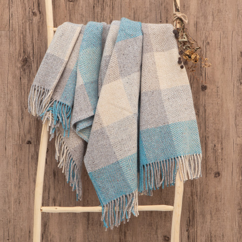 Mohair and Wool Blend Plaid Throw Blanket 'Dewdrop'