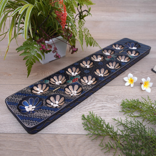 Artisan Crafted Handmade Albesia Wood Foldable Mancala Board 'Brilliant Blue'