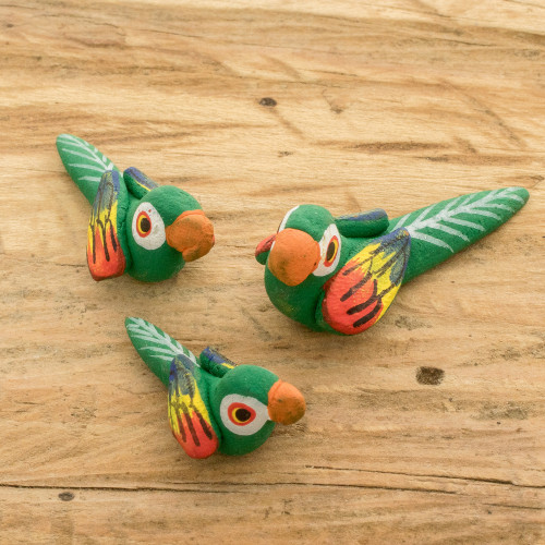 Set of 3 Macaw Ceramic Figurines Handcrafted in Guatemala 'Colorful Macaw Reunion'