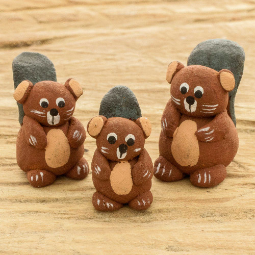 Set of 3 Hand-painted Beaver-themed Ceramic Figurines 'Beaver Family'