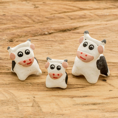 Set of 3 Hand-painted Cow-themed Ceramic Figurines 'Cow Family'