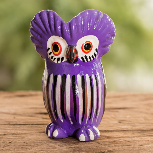 Purple Owl-shaped Ceramic Figurine Handcrafted in Guatemala 'Adventurous Tecolote'