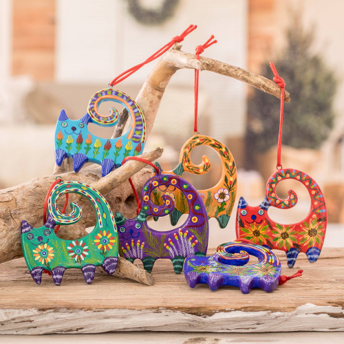 Set of 6 Handcrafted Ceramic Ornaments with Colorful Cats 'Hypnotic Felines'