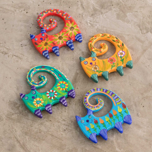 Set of 4 Handcrafted Ceramic Magnets with Colorful Cats 'Hypnotic Cats'