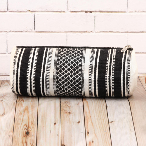 Black and White Hand Woven Cotton Cosmetic Case from India 'Scintillating Desire'