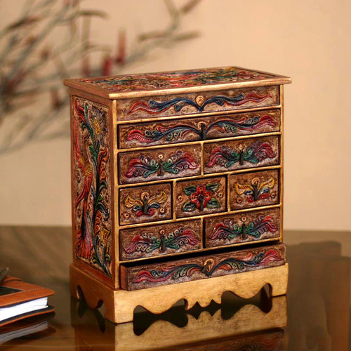 Hand Made Colonial Leather and Wood Jewelry Box 'Happy Hummingbird'