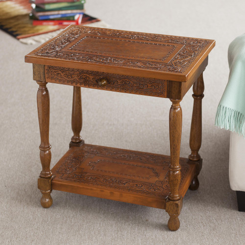 Traditional Leather Wood End Table 'Andean Elegance'