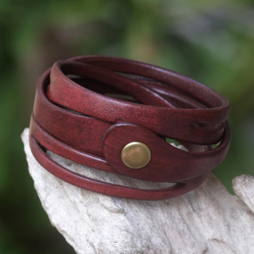 Artisan Crafted Red Leather Wrap Bracelet 'Crimson Whisper'