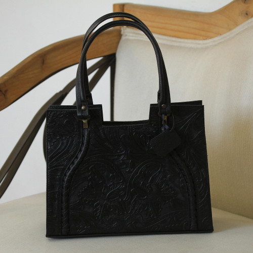 Handcrafted Black Embossed Leather Handbag from Mexico 'Lush Impressions in Black'