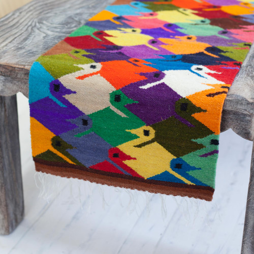 Bird-Themed Handwoven Wool Table Runner from Peru 'Sweet Natural Enchantment'