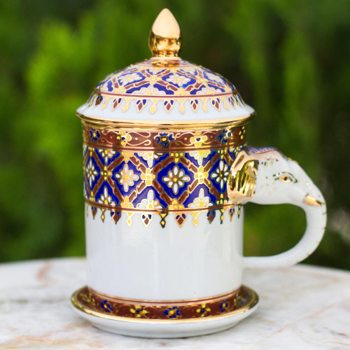 White Porcelain Lidded Benjarong Mug with Gold Application 'Thai Elixir'