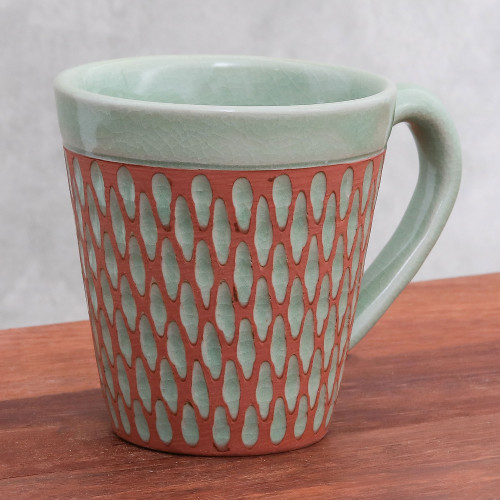 Handcrafted Green Incised Celadon Ceramic Mug 'Ginger Green Honeycomb'