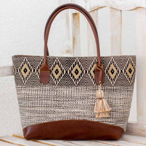 Natural Cotton and Black Diamond Motif Leather Accent Tote 'Mayan Chic'