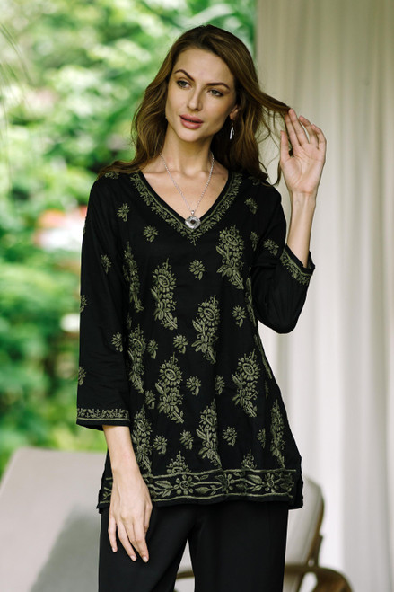 Black Cotton Tunic with Hand Embroidered Details 'Midnight in the Garden'