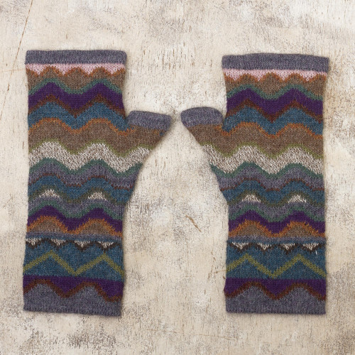 Pure Alpaca Wool Multicolored Fingerless Mitts 'Mountain of Seven Colors'