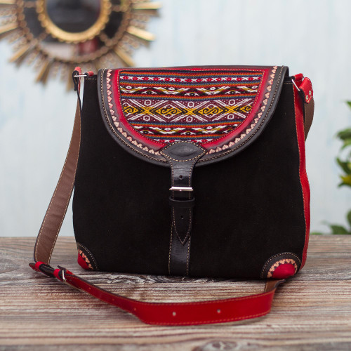 Black and Red Suede and Wool Shoulder Bag 'Sacred Valley'