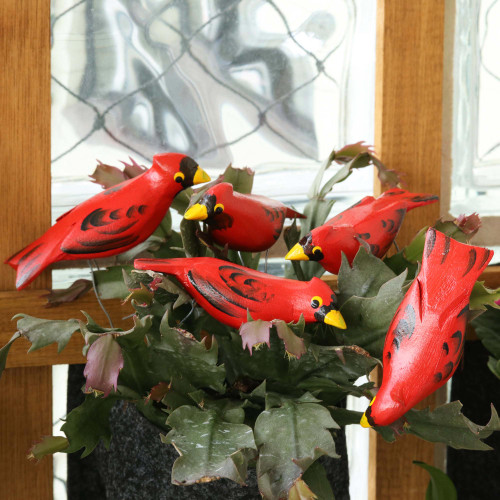 Wood Cardinal Ornaments Set of 5 'Northern Cardinals'