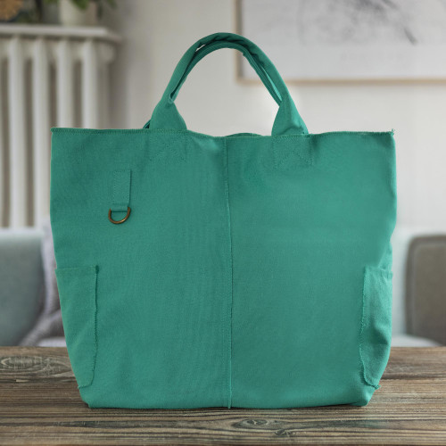 Turquoise Blue Cotton Tote Bag with Four Compartments 'Happy Beach'