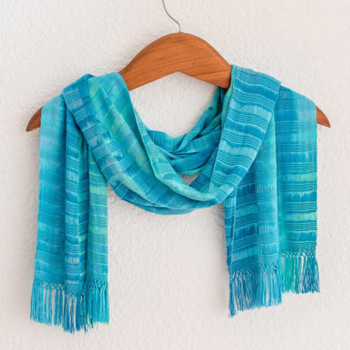 Backstrap Loom Rayon Handmade Scarf in Blue 'Forever Blue'