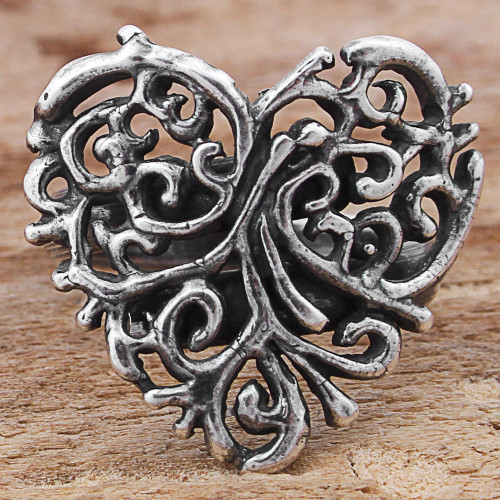 Sterling Silver Cocktail Ring Heart Shape from Mexico 'Vine Heart'