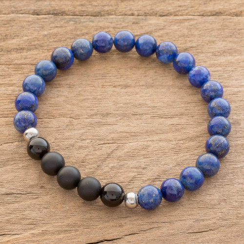Men's Lapis Lazuli and Agate Beaded Stretch Bracelet 'Deep'